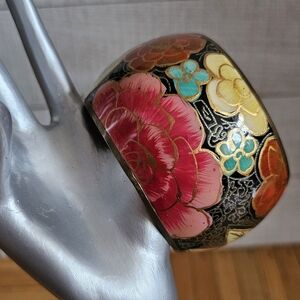 Vintage Brass and hand painted lacquer floral bracelet.